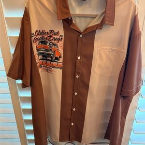 Retro Two-Tone Brown & Cream Bowling Shirt with Graphic